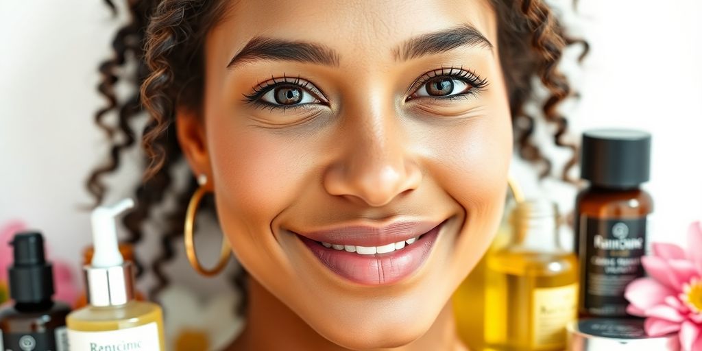 Woman with glowing skin and skincare products around her.