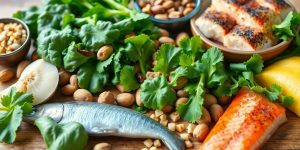 Healthy foods for stronger bones: greens, nuts, fish.