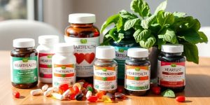 Colorful heart health supplements on a wooden table.
