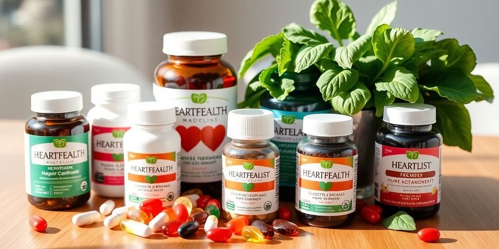 Colorful heart health supplements on a wooden table.