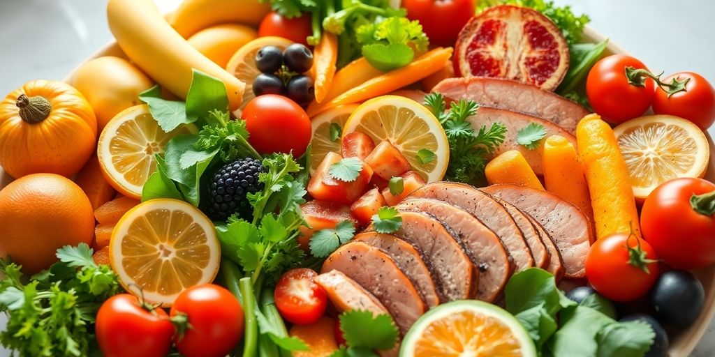 Healthy meal with fruits and vegetables on a table.